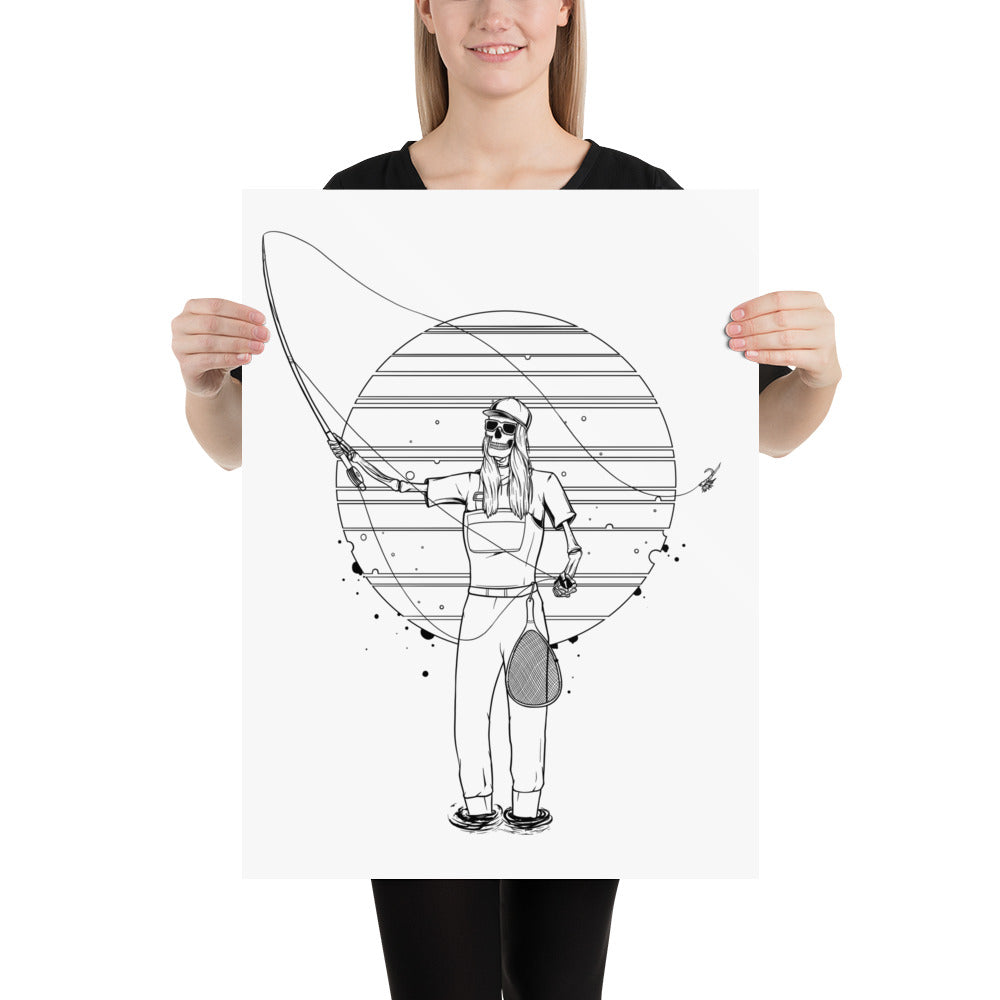 SKELLIES Flyfishing Woman Poster - Skeleton Flyfishing Line Graphic, Wall Art for Flyfishing Enthusiasts
