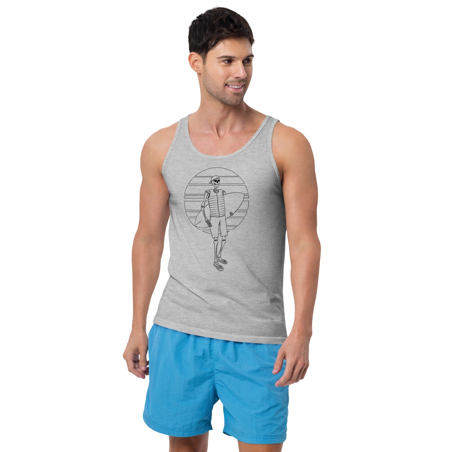 SKELLIES Men's Graphic Tank Top - Skeleton Wake Surfing Line Print, Relaxed Fit, Casual Summer Wear