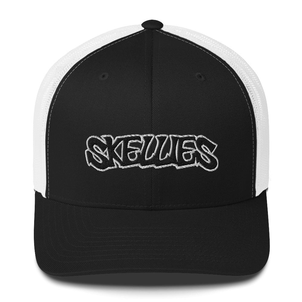 SKELLIES Classic Black Trucker Hat - Breathable White Mesh Back, Adjustable Snapback, Durable Embroidered Logo, Unisex Cap