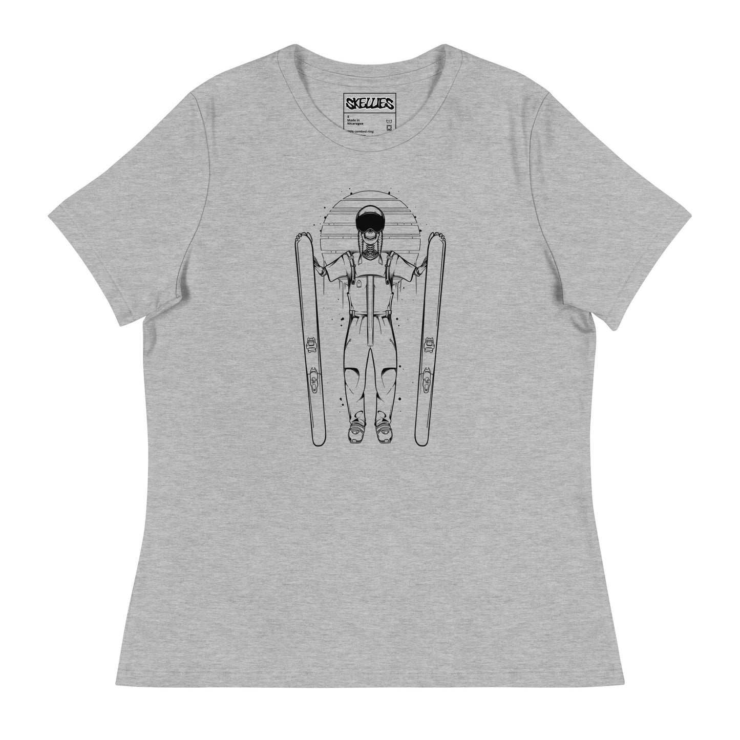 SKELLIES Women's Graphic T-shirt - Skeleton Skiing T-shirt Line Print, Relaxed Fit, Casual Wear