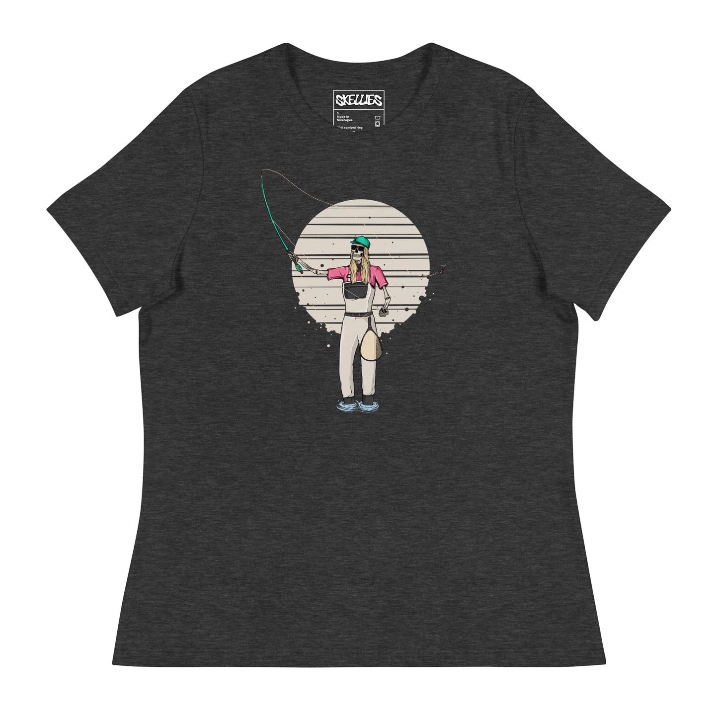 SKELLIES Women's Graphic T-shirt - Skeleton Fly Fishing T-shirt Print, Relaxed Fit, Casual Wear