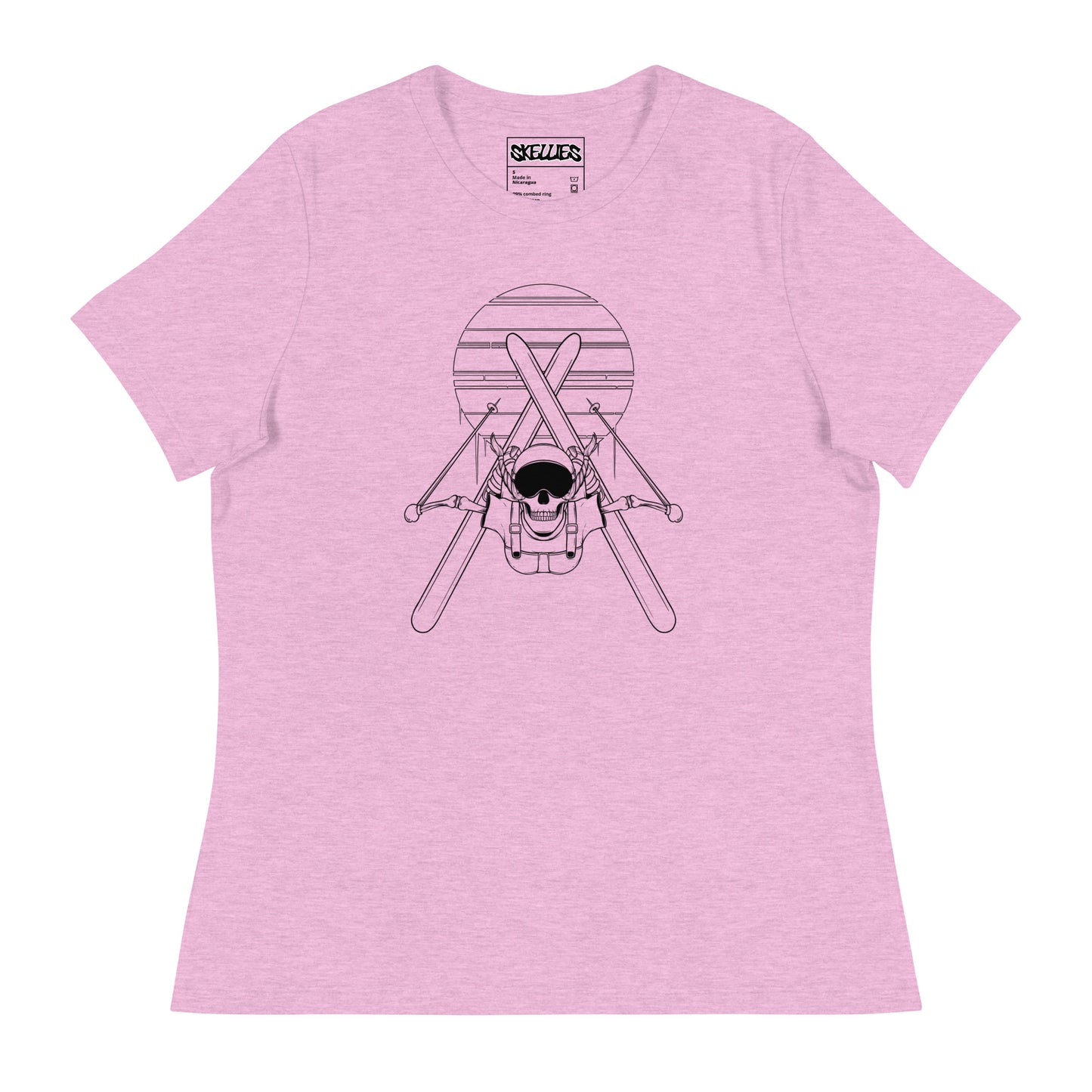 SKELLIES Women's Graphic T-shirt - Skeleton Skiing Flip T-shirt Line Print, Relaxed Fit, Casual Wear