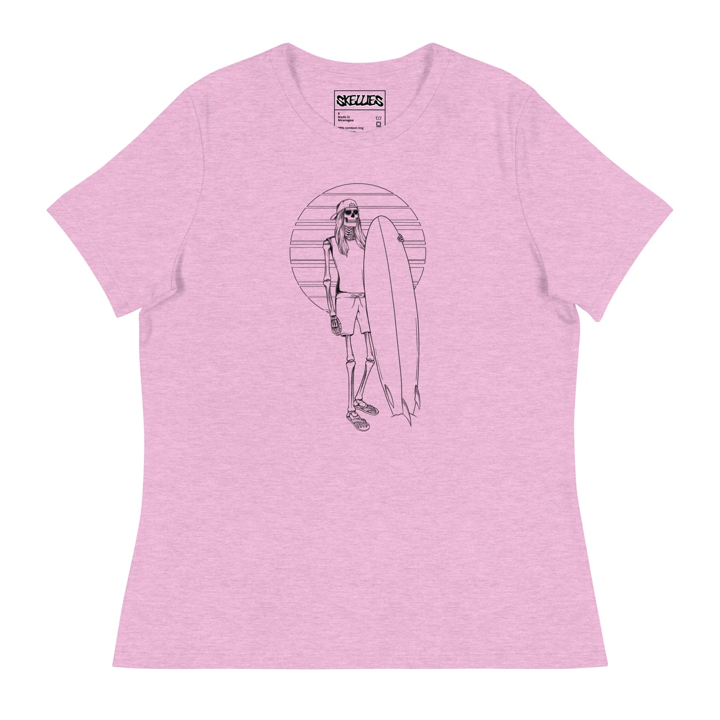 SKELLIES Women's Graphic T-shirt - Skeleton Surfing T-shirt Line Print, Relaxed Fit, Casual Wear