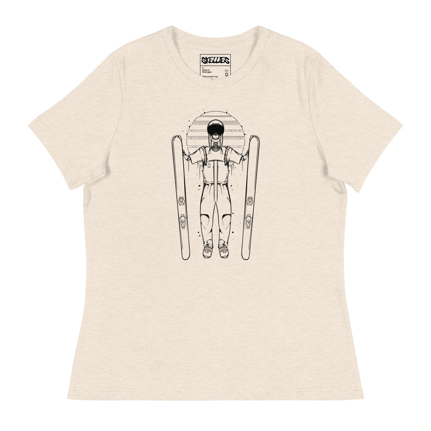 SKELLIES Women's Graphic T-shirt - Skeleton Skiing T-shirt Line Print, Relaxed Fit, Casual Wear