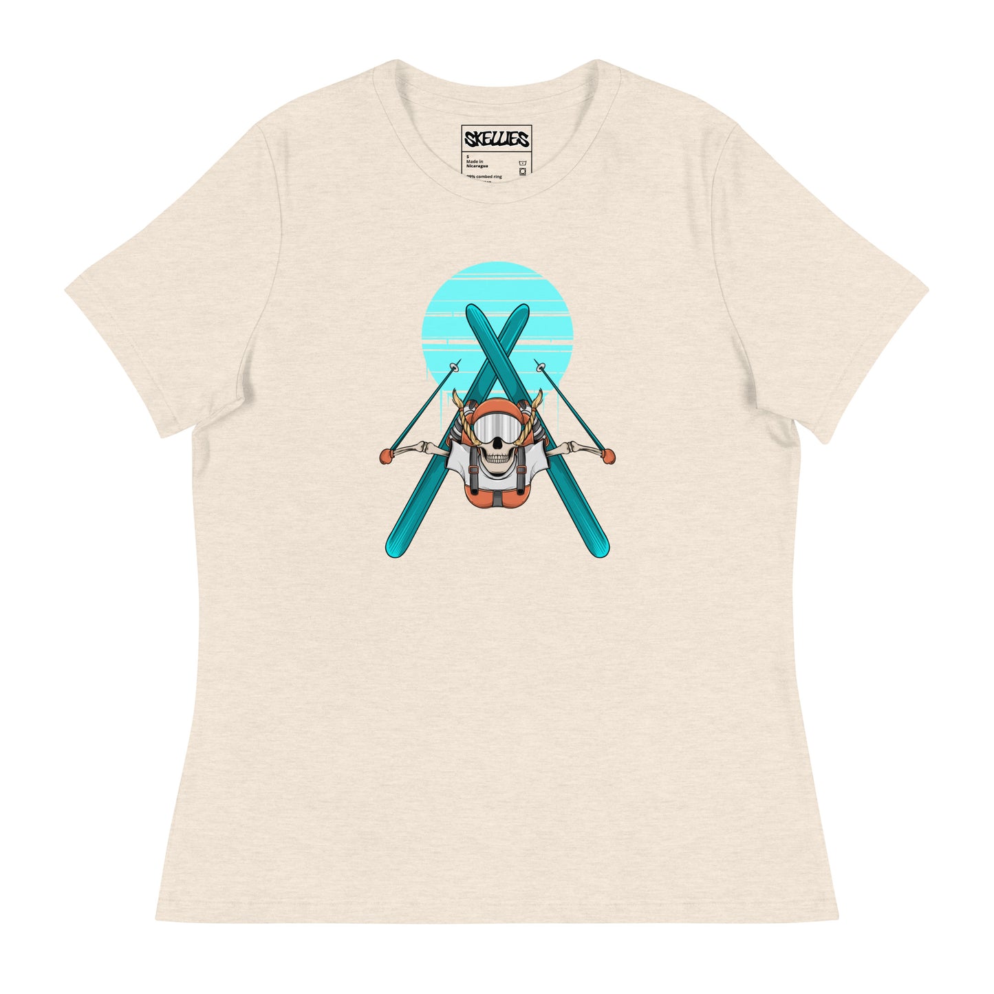 SKELLIES Women's Graphic T-shirt - Skeleton Skiing Flip T-shirt Print, Relaxed Fit, Casual Wear