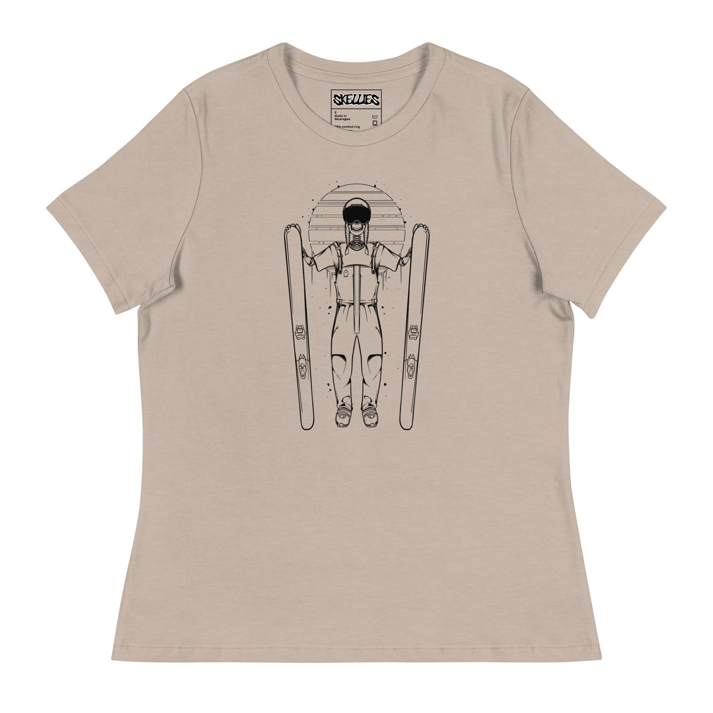 SKELLIES Women's Graphic T-shirt - Skeleton Skiing T-shirt Line Print, Relaxed Fit, Casual Wear