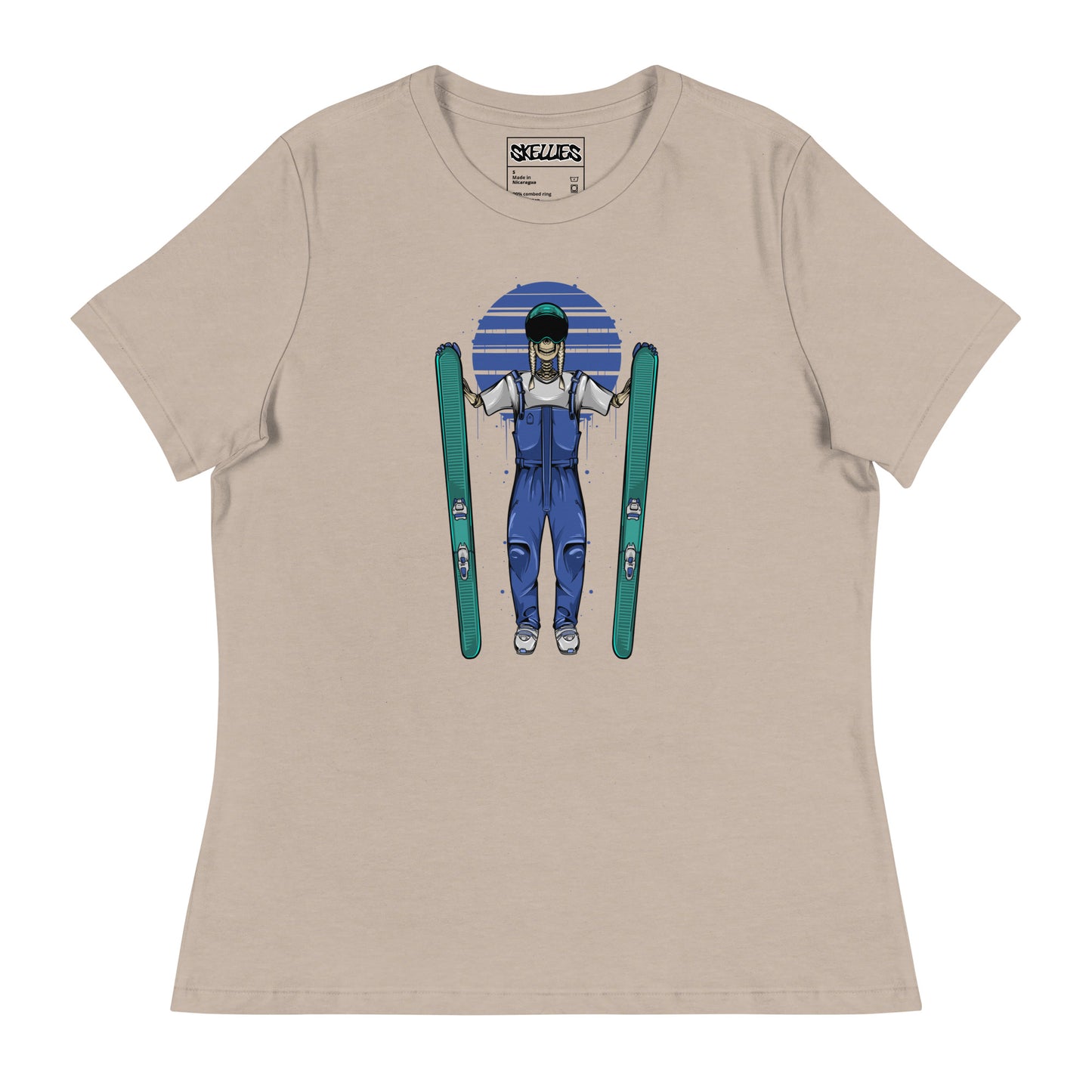 SKELLIES Women's Graphic T-shirt - Skeleton Skiing T-shirt Print, Relaxed Fit, Casual Wear