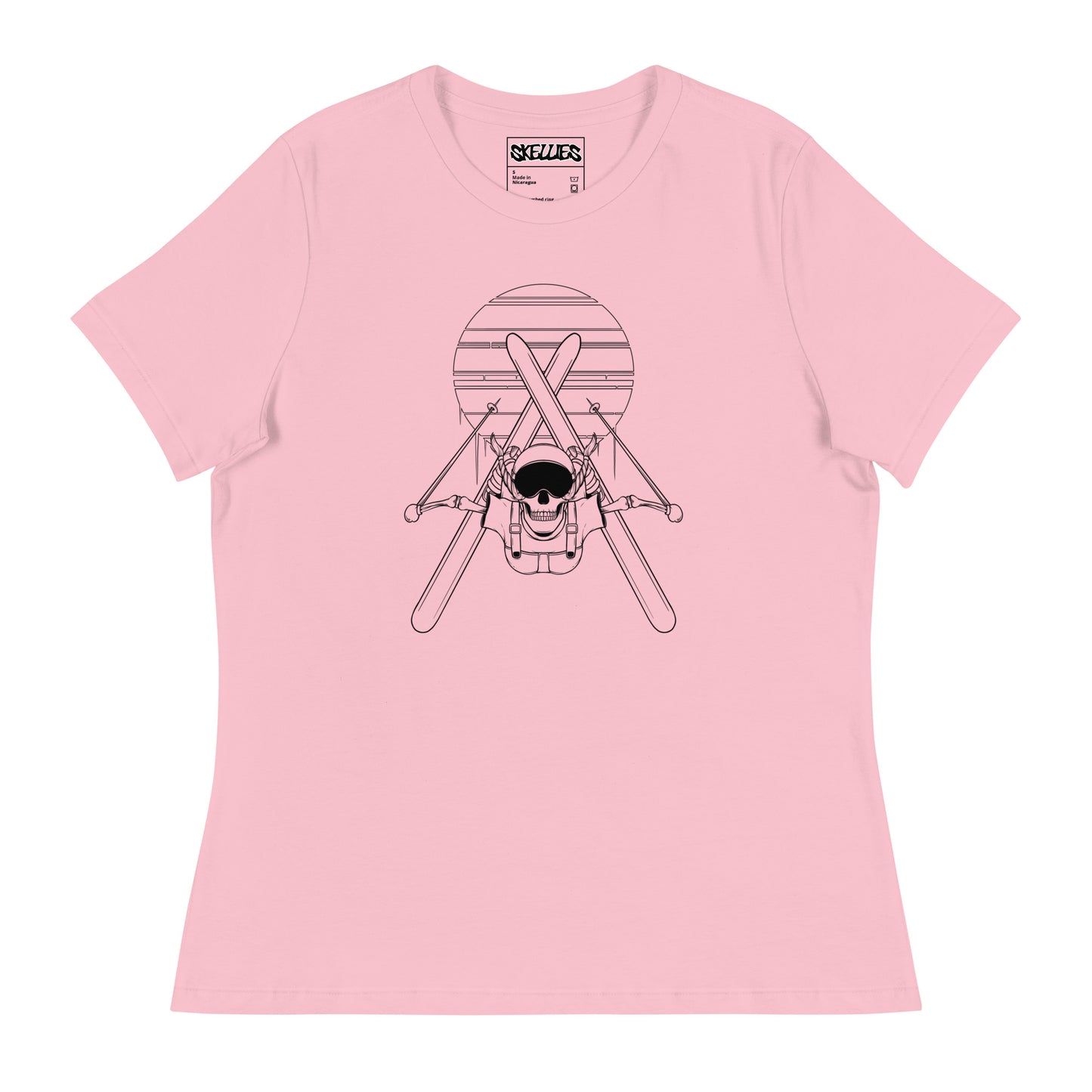 SKELLIES Women's Graphic T-shirt - Skeleton Skiing Flip T-shirt Line Print, Relaxed Fit, Casual Wear