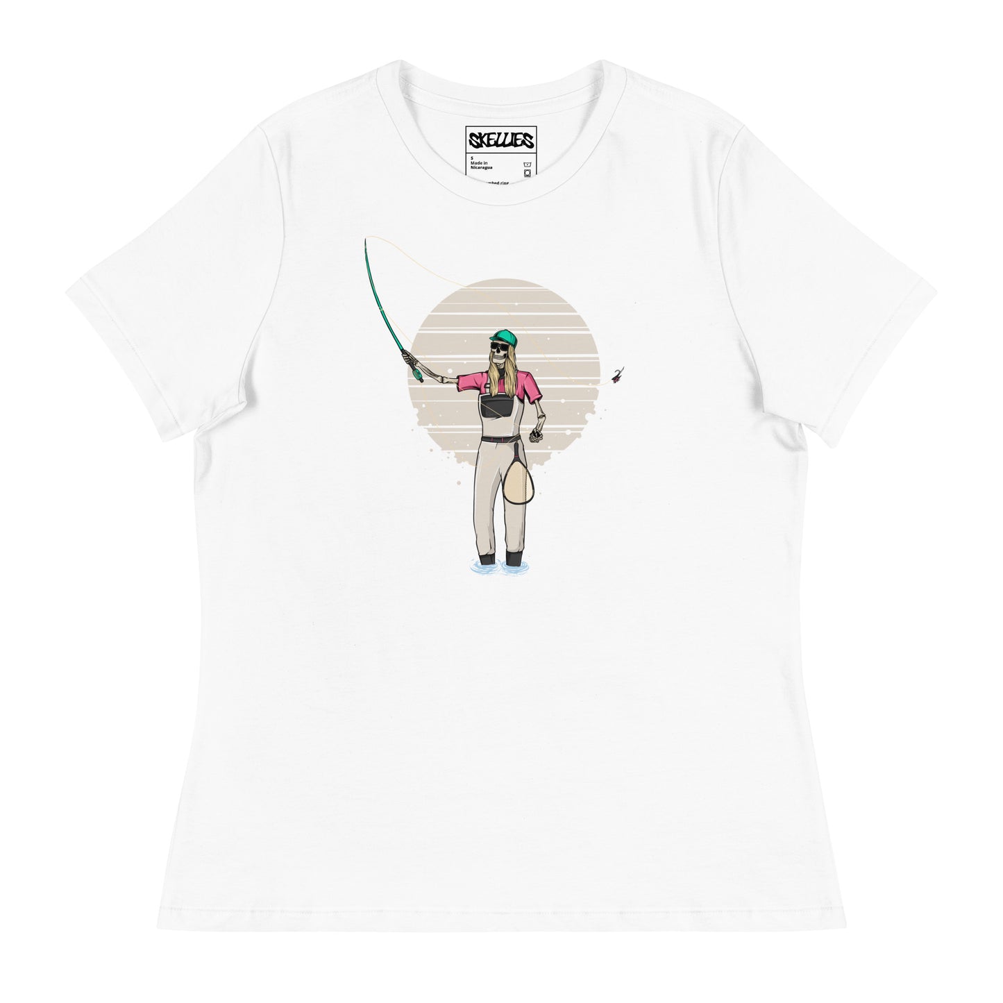 SKELLIES Women's Graphic T-shirt - Skeleton Fly Fishing T-shirt Print, Relaxed Fit, Casual Wear