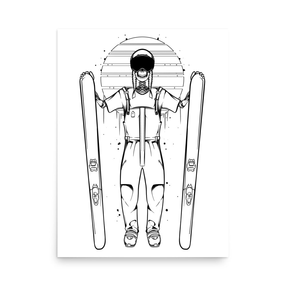 SKELLIES Skiing Woman Poster - Skeleton Skiing Line Graphic, Wall Art for Skiing Enthusiasts