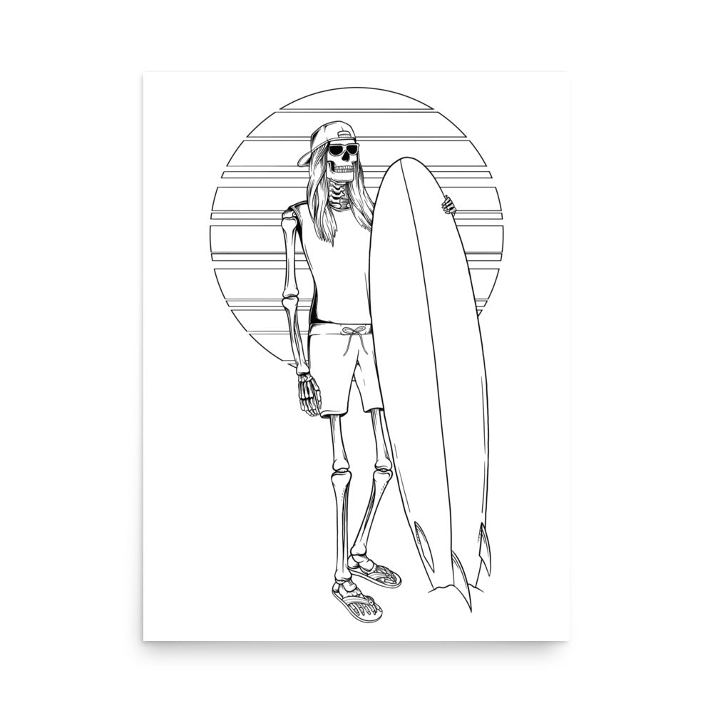 SKELLIES Surfing Woman Poster - Skeleton Surfing Line Graphic, Wall Art for Surfing Enthusiasts