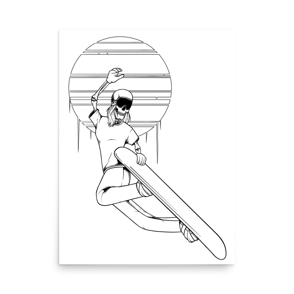 SKELLIES Snowboard Grab Woman Poster - Skeleton Snowboard Grab Line Graphic, Wall Art for Snowboarding Enthusiasts