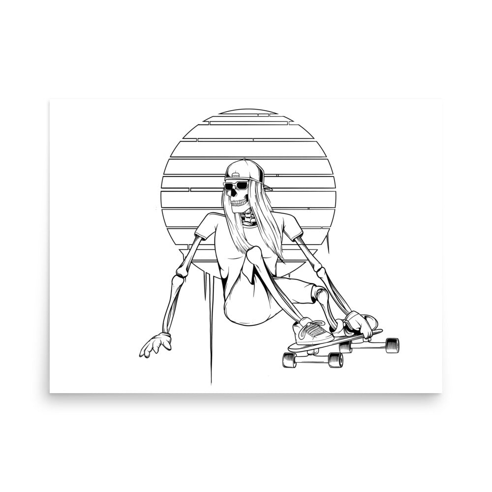 SKELLIES Longboarding woman Poster - Skeleton Longboarding Line Graphic, Wall Art for Longboarding Enthusiasts