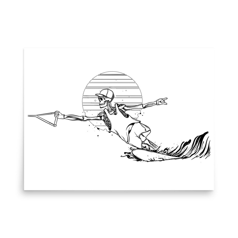 SKELLIES Waterskiing Man Poster - Skeleton Water Ski Cut Line Graphic, Wall Art for Waterskiing Enthusiasts