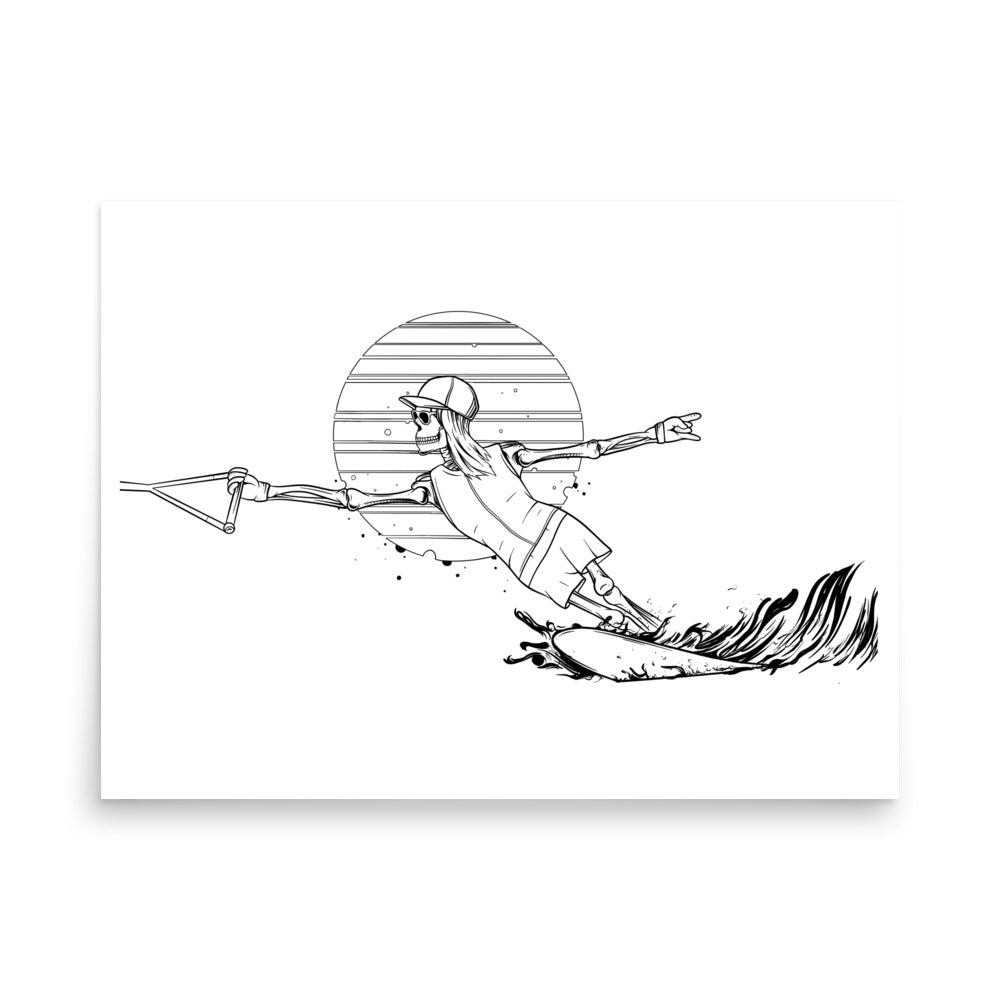 SKELLIES Waterskiing Woman Poster - Skeleton Water Ski Cut Line Graphic, Wall Art for Waterskiing Enthusiasts