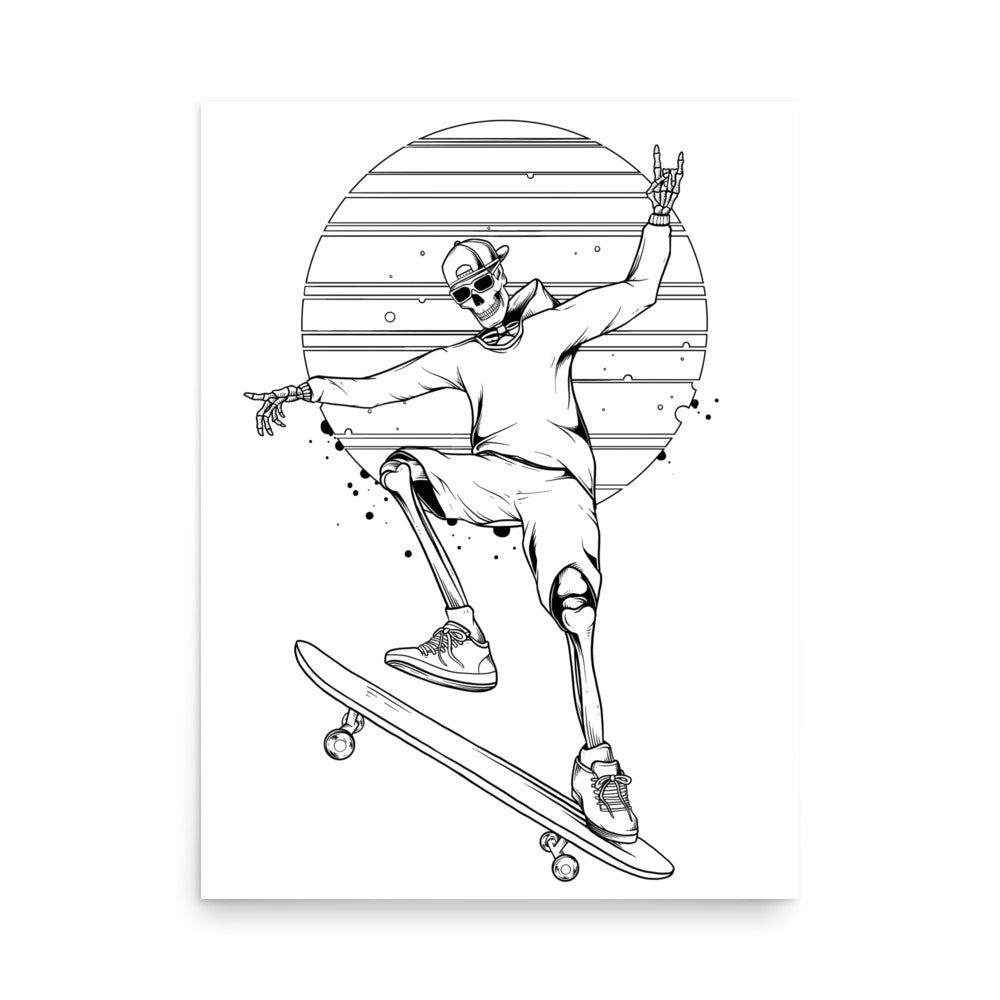 SKELLIES Skateboarding Man Poster - Skeleton Skateboarding Line Graphic, Wall Art for Skateboard Enthusiasts