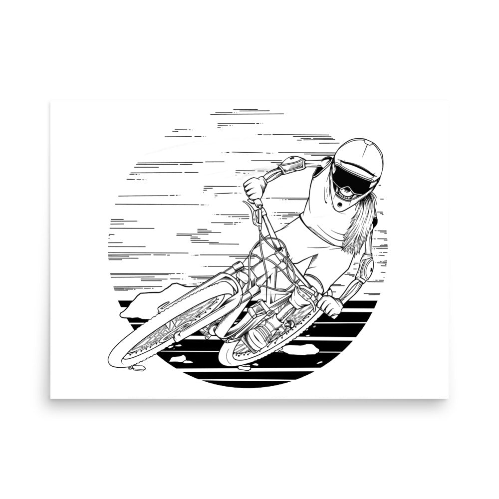 SKELLIES Mountain Biking Woman Poster - Skeleton Mountain Biking Line Graphic, Wall Art for Mountain Bike Enthusiasts