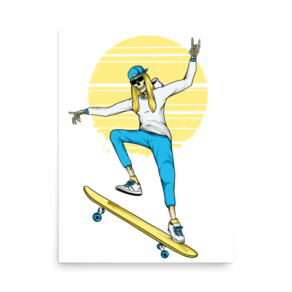 SKELLIES Skateboarding Woman Poster - Skeleton Skateboarding Graphic, Wall Art for Skateboard Enthusiasts