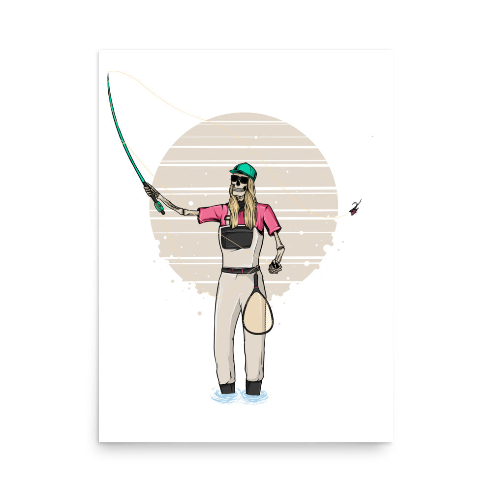 SKELLIES Flyfishing Woman Poster - Skeleton Flyfishing Graphic, Wall Art for Flyfishing Enthusiasts