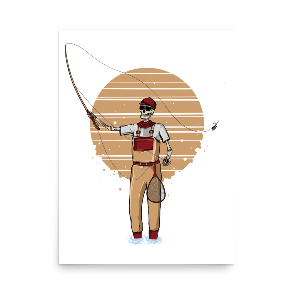 SKELLIES Flyfishing Man Poster - Skeleton Flyfishing Line Graphic, Wall Art for Flyfishing Enthusiasts