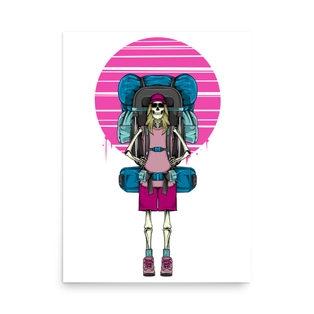 SKELLIES Hiking Woman Poster - Skeleton Hiking Graphic, Wall Art for Hiking Enthusiasts