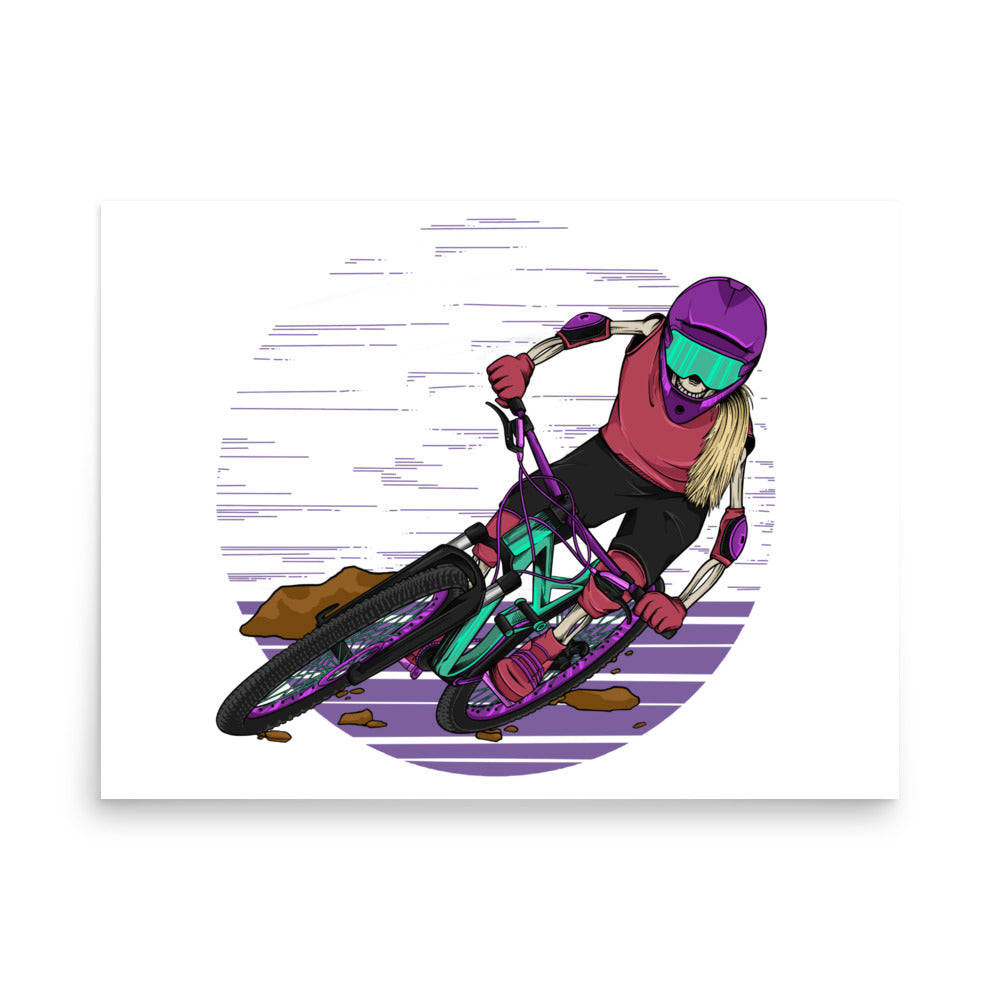 SKELLIES Mountain Biking Woman Poster - Skeleton Mountain Biking Graphic, Wall Art for Mountain Bike Enthusiasts