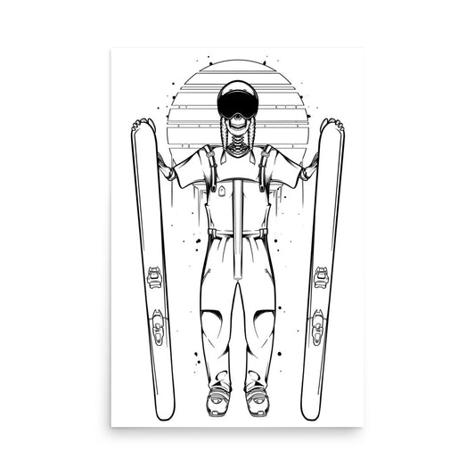 SKELLIES Skiing Woman Poster - Skeleton Skiing Line Graphic, Wall Art for Skiing Enthusiasts