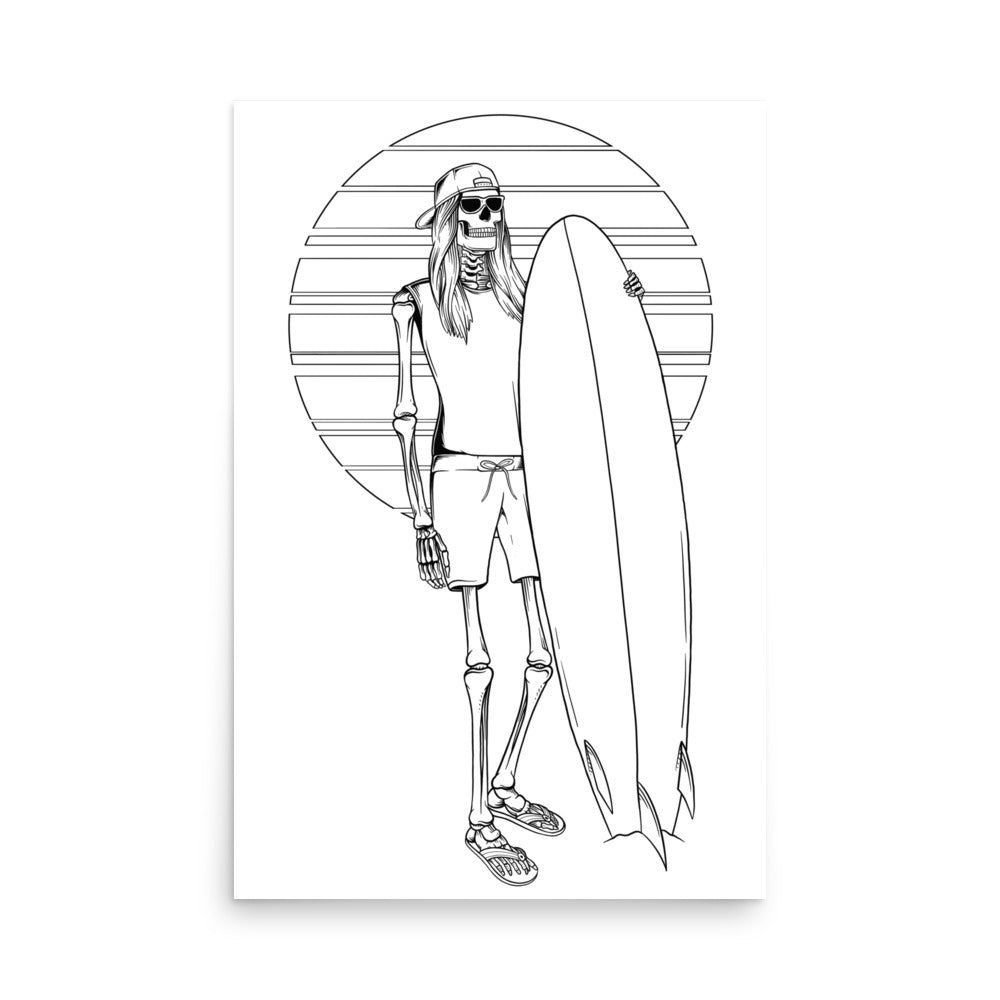 SKELLIES Surfing Woman Poster - Skeleton Surfing Line Graphic, Wall Art for Surfing Enthusiasts