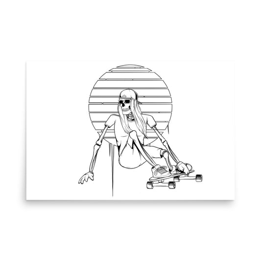 SKELLIES Longboarding woman Poster - Skeleton Longboarding Line Graphic, Wall Art for Longboarding Enthusiasts