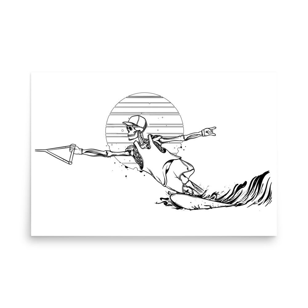 SKELLIES Waterskiing Man Poster - Skeleton Water Ski Cut Line Graphic, Wall Art for Waterskiing Enthusiasts