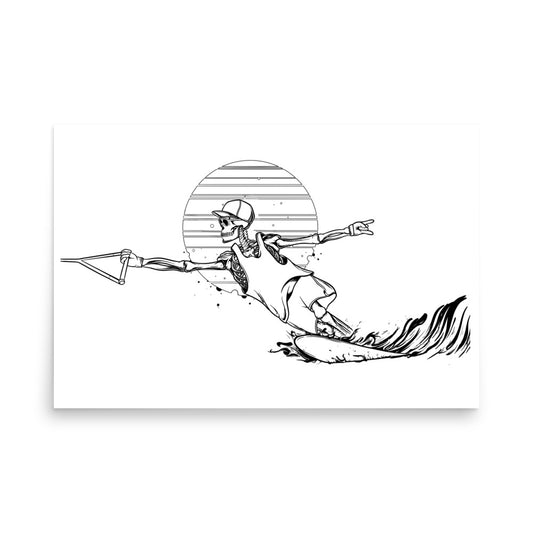 SKELLIES Waterskiing Man Poster - Skeleton Water Ski Cut Line Graphic, Wall Art for Waterskiing Enthusiasts