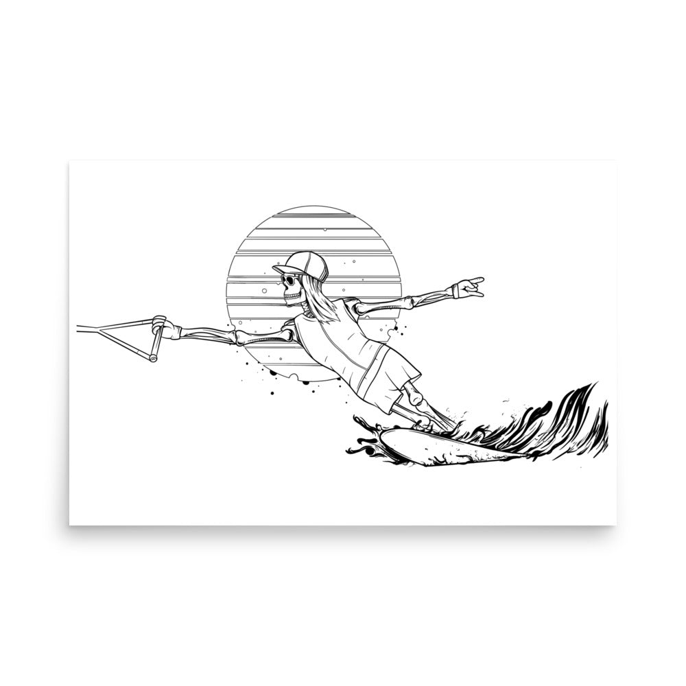 SKELLIES Waterskiing Woman Poster - Skeleton Water Ski Cut Line Graphic, Wall Art for Waterskiing Enthusiasts