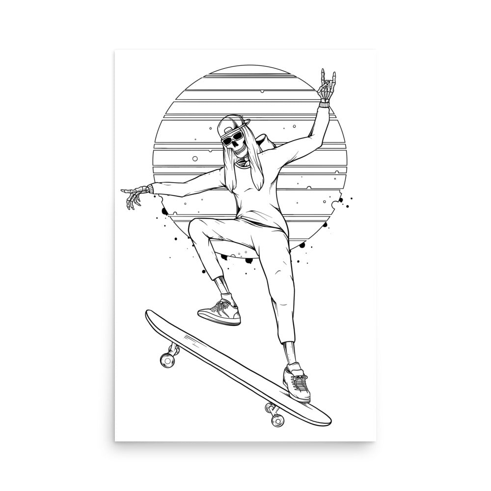 SKELLIES Skateboarding Woman Poster - Skeleton Skateboarding Line Graphic, Wall Art for Skateboard Enthusiasts