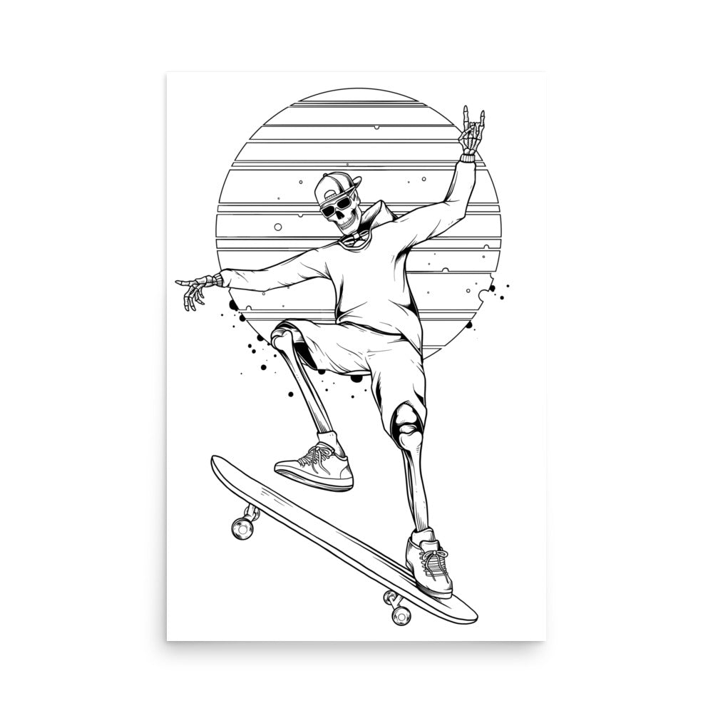 SKELLIES Skateboarding Man Poster - Skeleton Skateboarding Line Graphic, Wall Art for Skateboard Enthusiasts