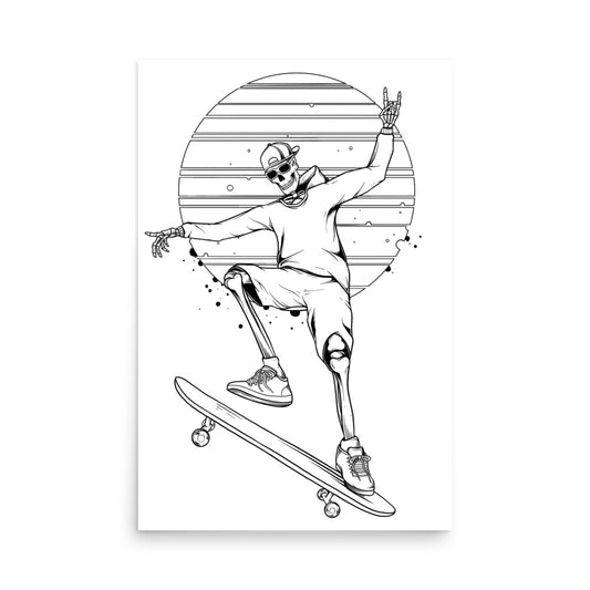 SKELLIES Skateboarding Man Poster - Skeleton Skateboarding Line Graphic, Wall Art for Skateboard Enthusiasts