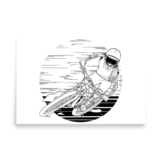 SKELLIES Mountain Biking Woman Poster - Skeleton Mountain Biking Line Graphic, Wall Art for Mountain Bike Enthusiasts