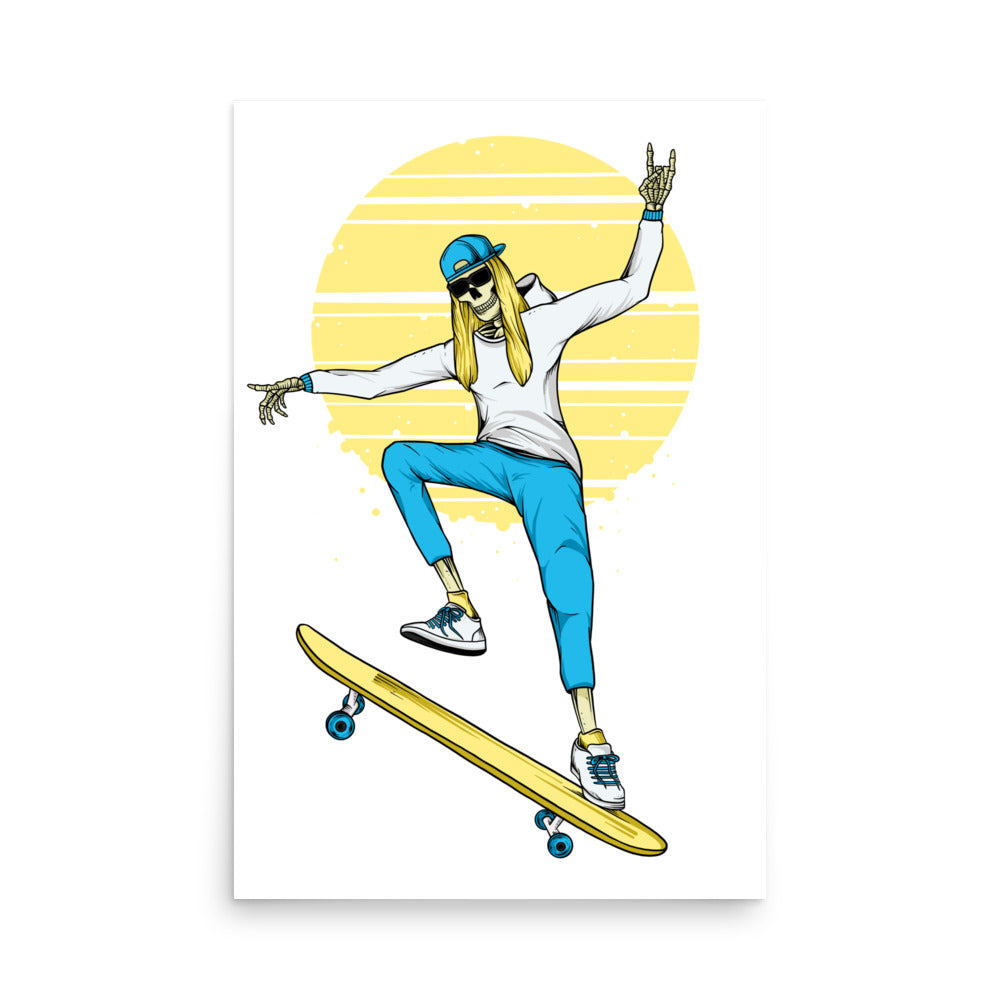 SKELLIES Skateboarding Woman Poster - Skeleton Skateboarding Graphic, Wall Art for Skateboard Enthusiasts