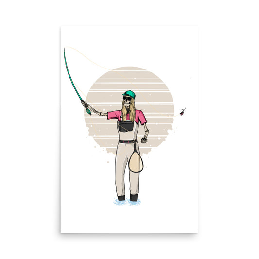 SKELLIES Flyfishing Woman Poster - Skeleton Flyfishing Graphic, Wall Art for Flyfishing Enthusiasts