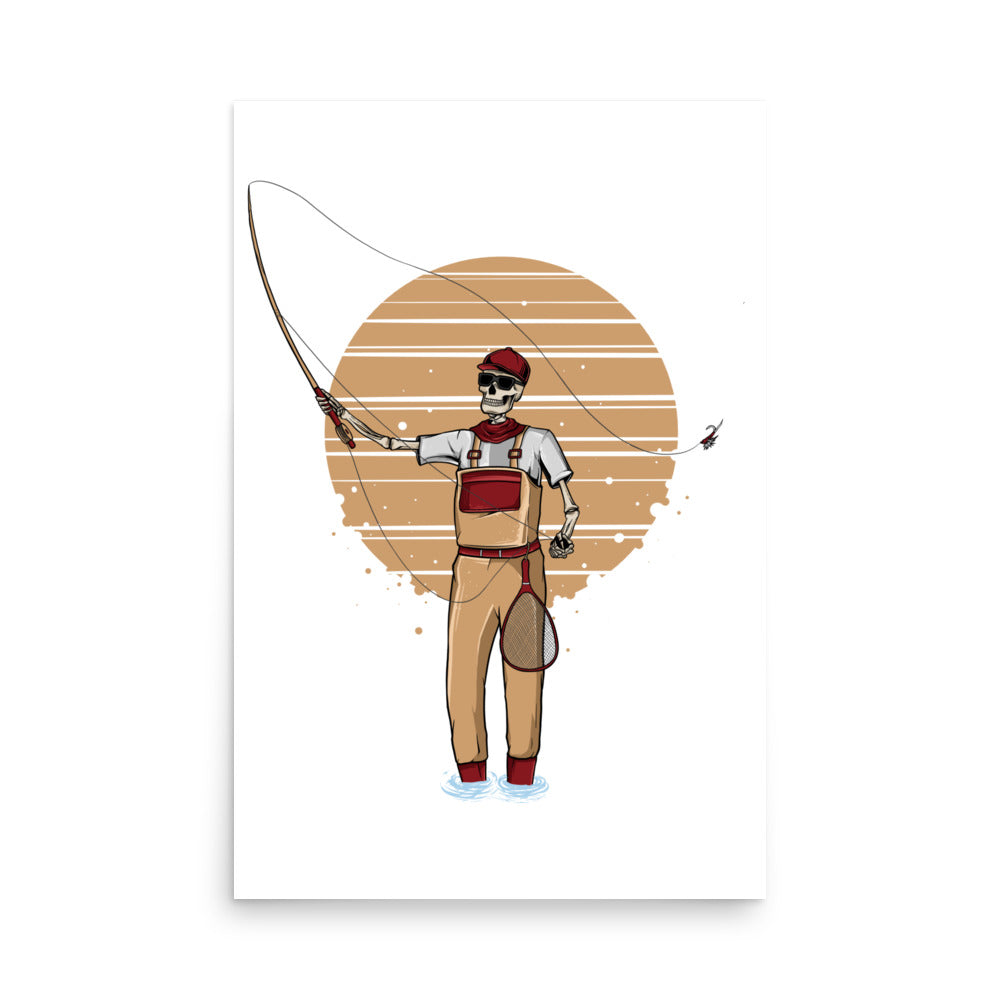 SKELLIES Flyfishing Man Poster - Skeleton Flyfishing Line Graphic, Wall Art for Flyfishing Enthusiasts