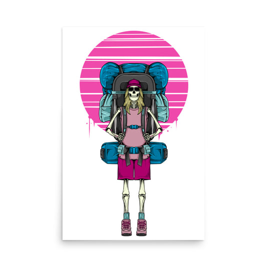 SKELLIES Hiking Woman Poster - Skeleton Hiking Graphic, Wall Art for Hiking Enthusiasts