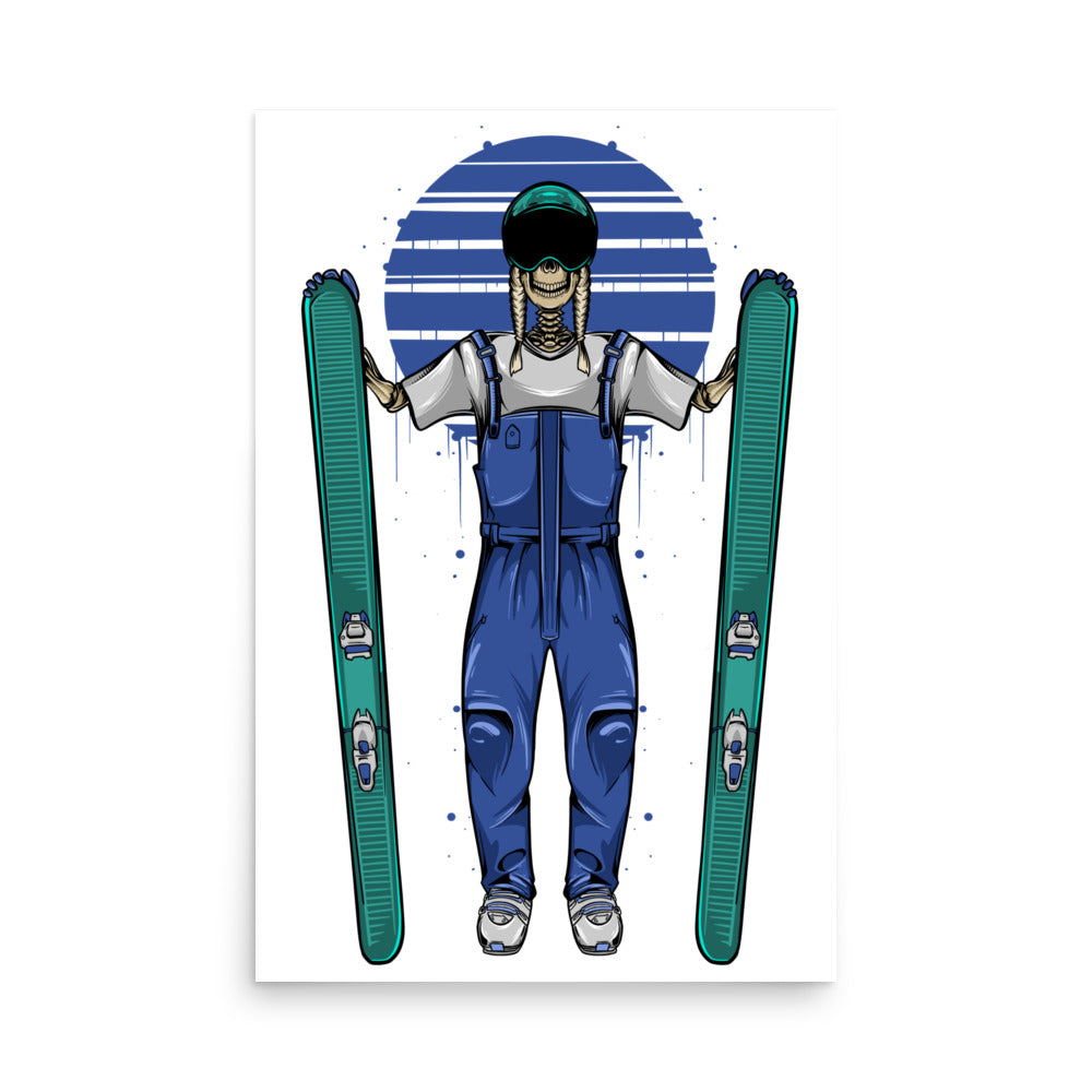 SKELLIES Skiing Woman Poster - Skeleton Skiing Graphic, Wall Art for Skiing Enthusiasts