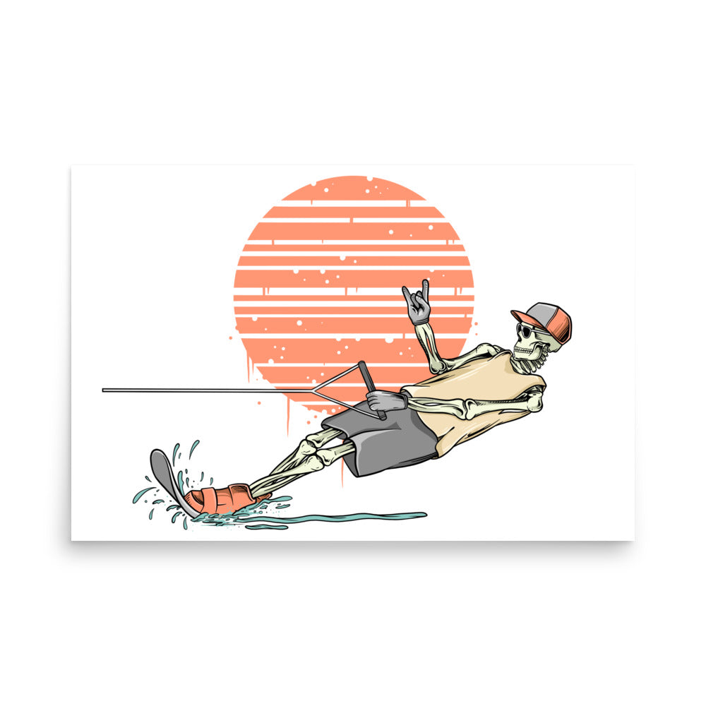 SKELLIES Waterskiing Man Poster - Skeleton Waterskiing Graphic, Wall Art for Waterskiing Enthusiasts