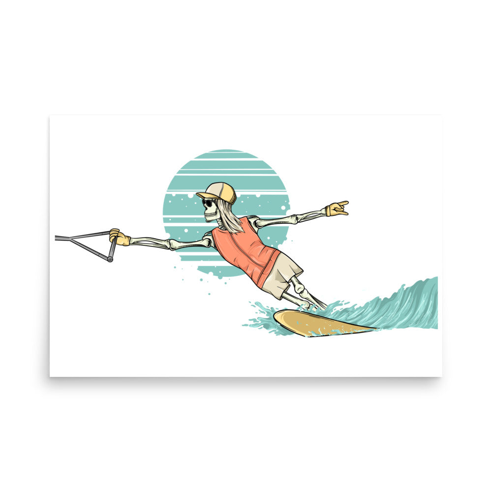 SKELLIES Waterskiing Woman Poster - Skeleton Water Ski Cut Graphic, Wall Art for Waterskiing Enthusiasts