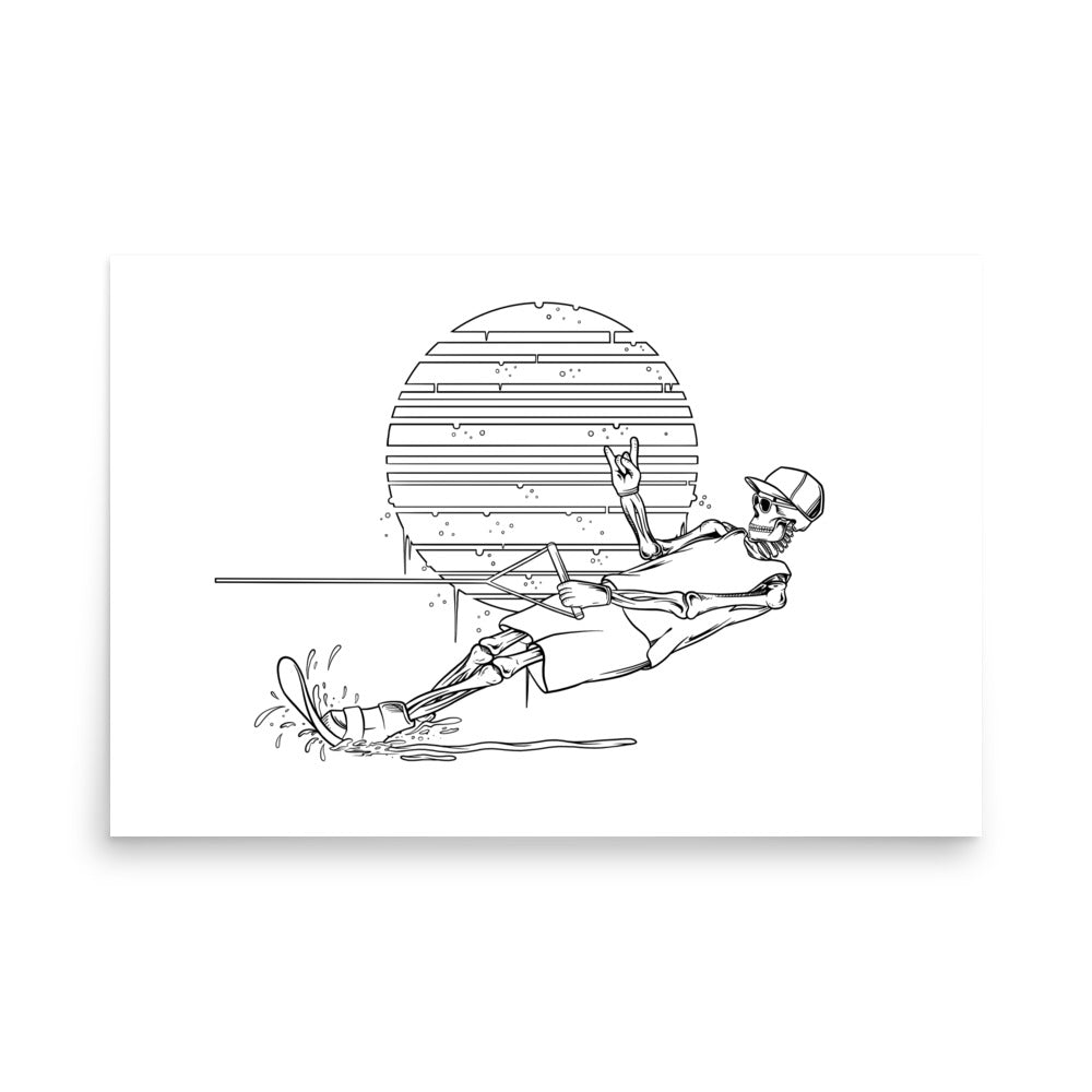 SKELLIES Waterskiing Man Poster - Skeleton Waterskiing Line Graphic, Wall Art for Waterskiing Enthusiasts