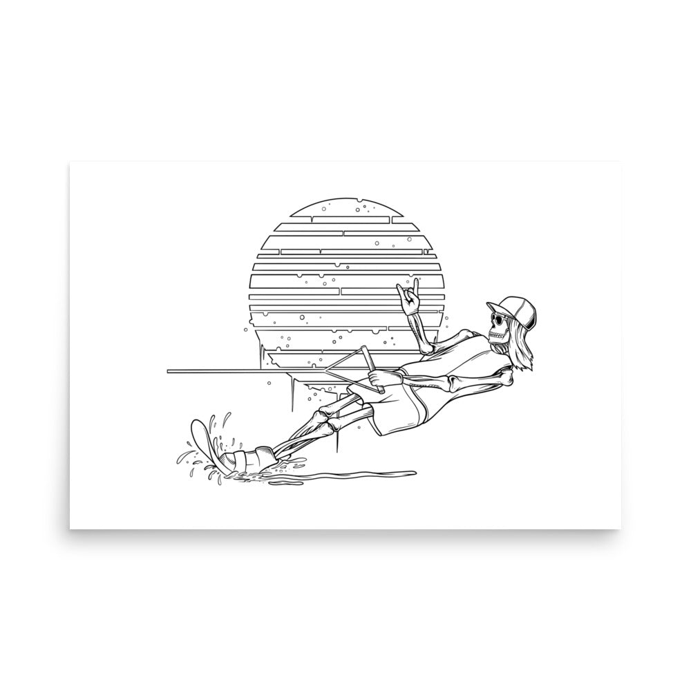 SKELLIES Waterskiing Woman Poster - Skeleton Waterskiing Line Graphic, Wall Art for Waterskiing Enthusiasts