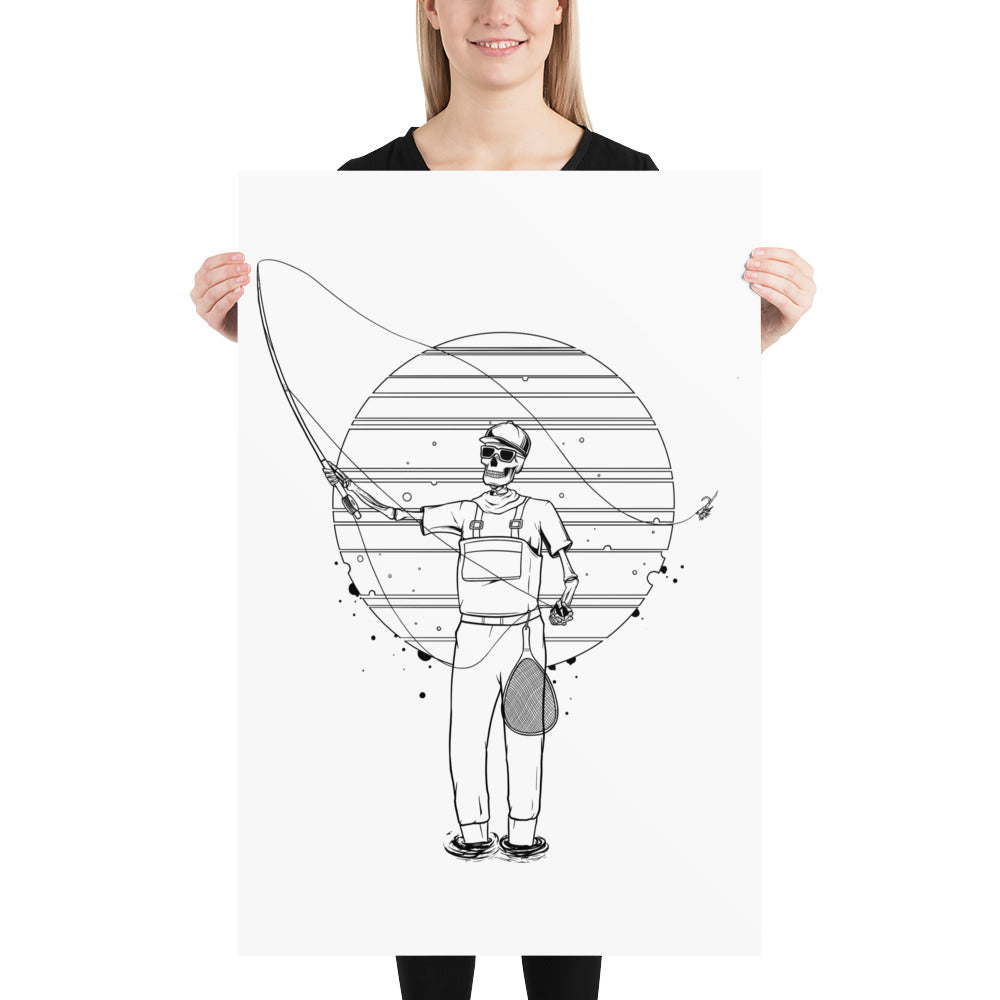 SKELLIES Flyfishing Man Poster - Skeleton Flyfishing Line Graphic, Wall Art for Flyfishing Enthusiasts