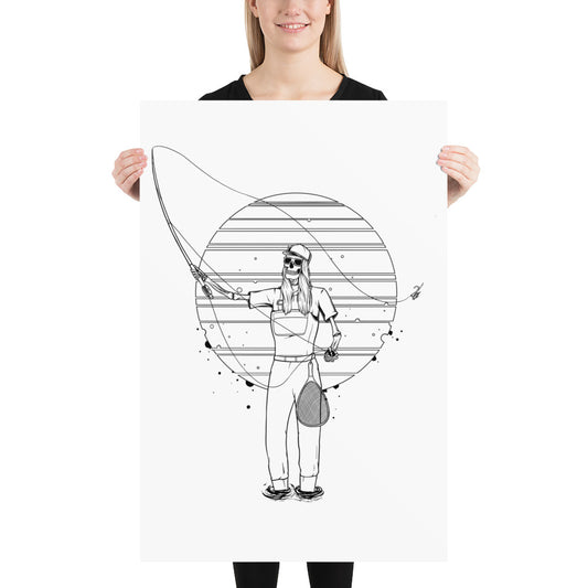 SKELLIES Flyfishing Woman Poster - Skeleton Flyfishing Line Graphic, Wall Art for Flyfishing Enthusiasts