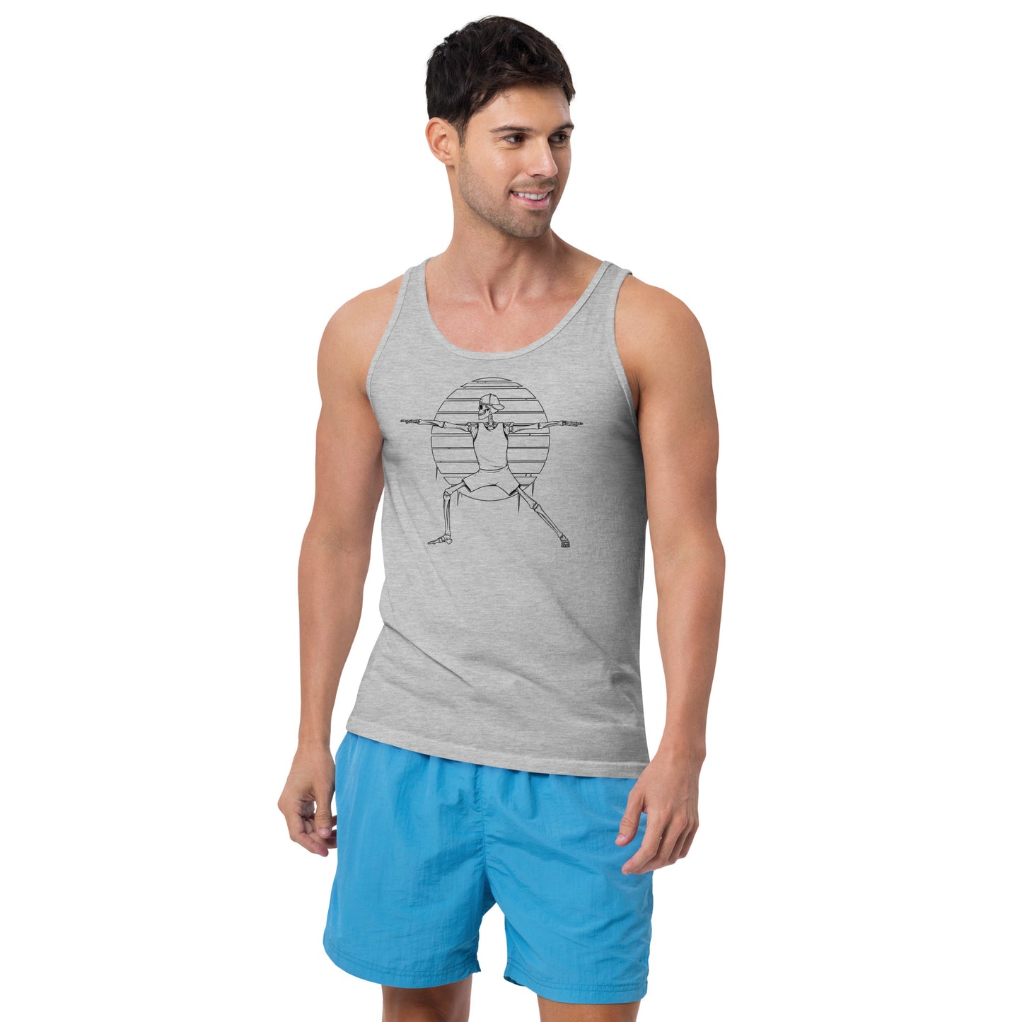 SKELLIES Men's Graphic Tank Top - Yoga Warrior Skeleton Line Print, Relaxed Fit, Casual Summer Wear