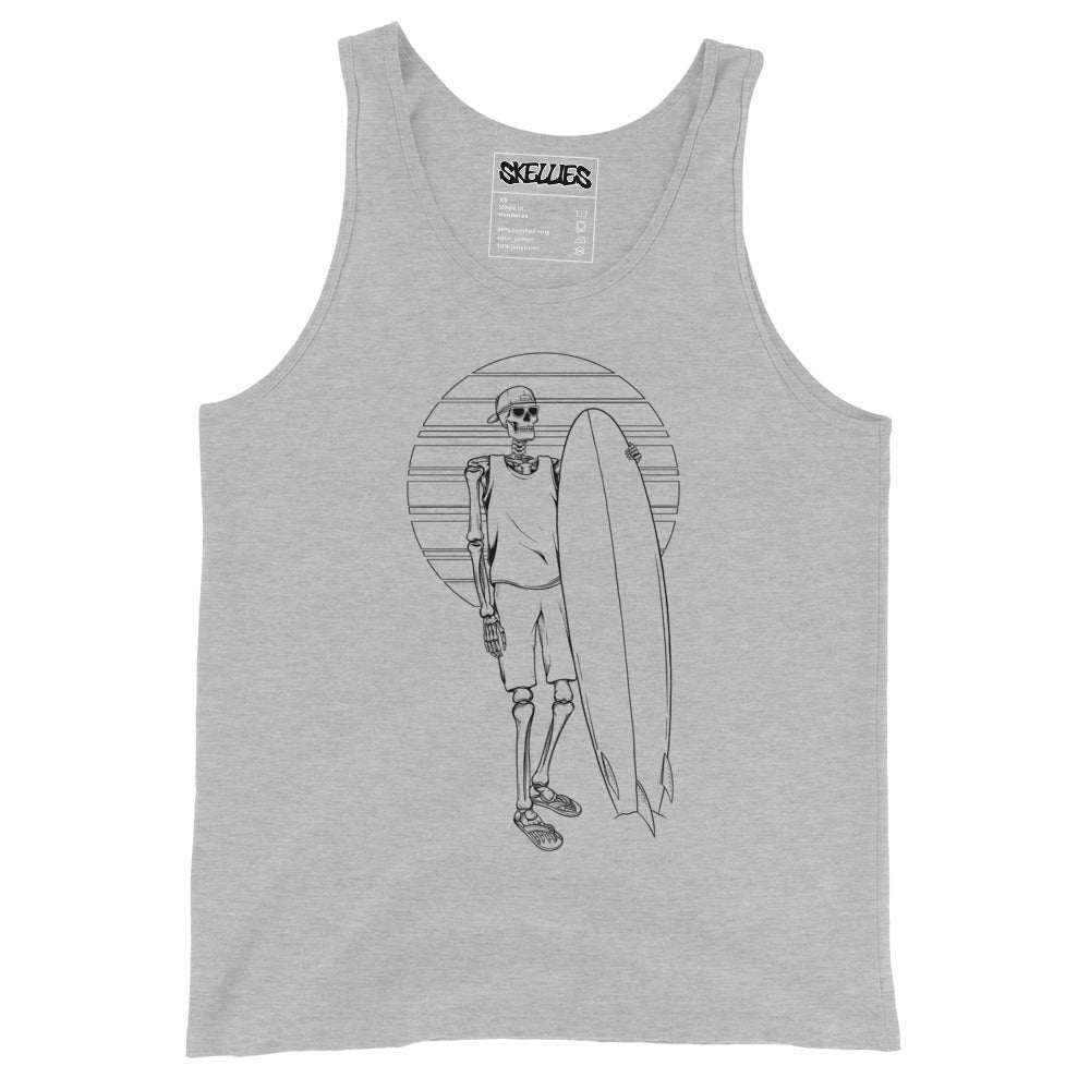 SKELLIES Men's Graphic Tank Top - Skeleton Surfing Line Print, Relaxed Fit, Casual Summer Wear