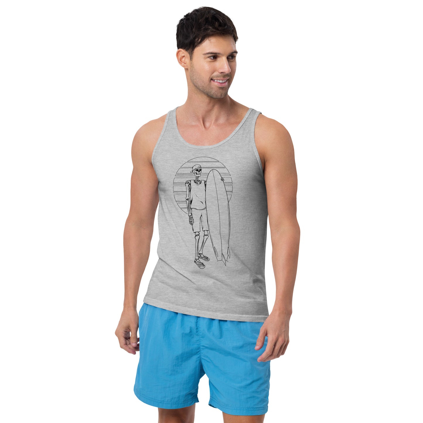 SKELLIES Men's Graphic Tank Top - Skeleton Surfing Line Print, Relaxed Fit, Casual Summer Wear